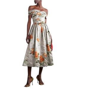 ERDEM Floral Metallic Crinkled Satin Midi Dress Sz 8 Off Shoulder Wedding Guest